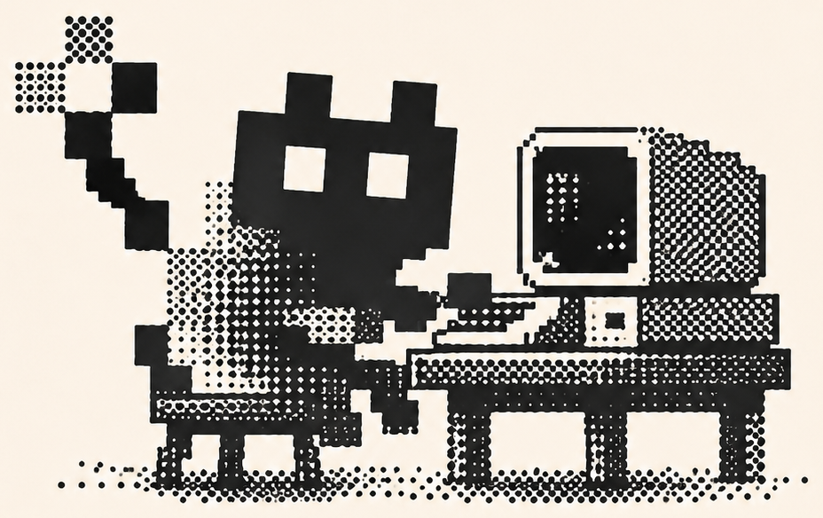 Mascot working at a local computer